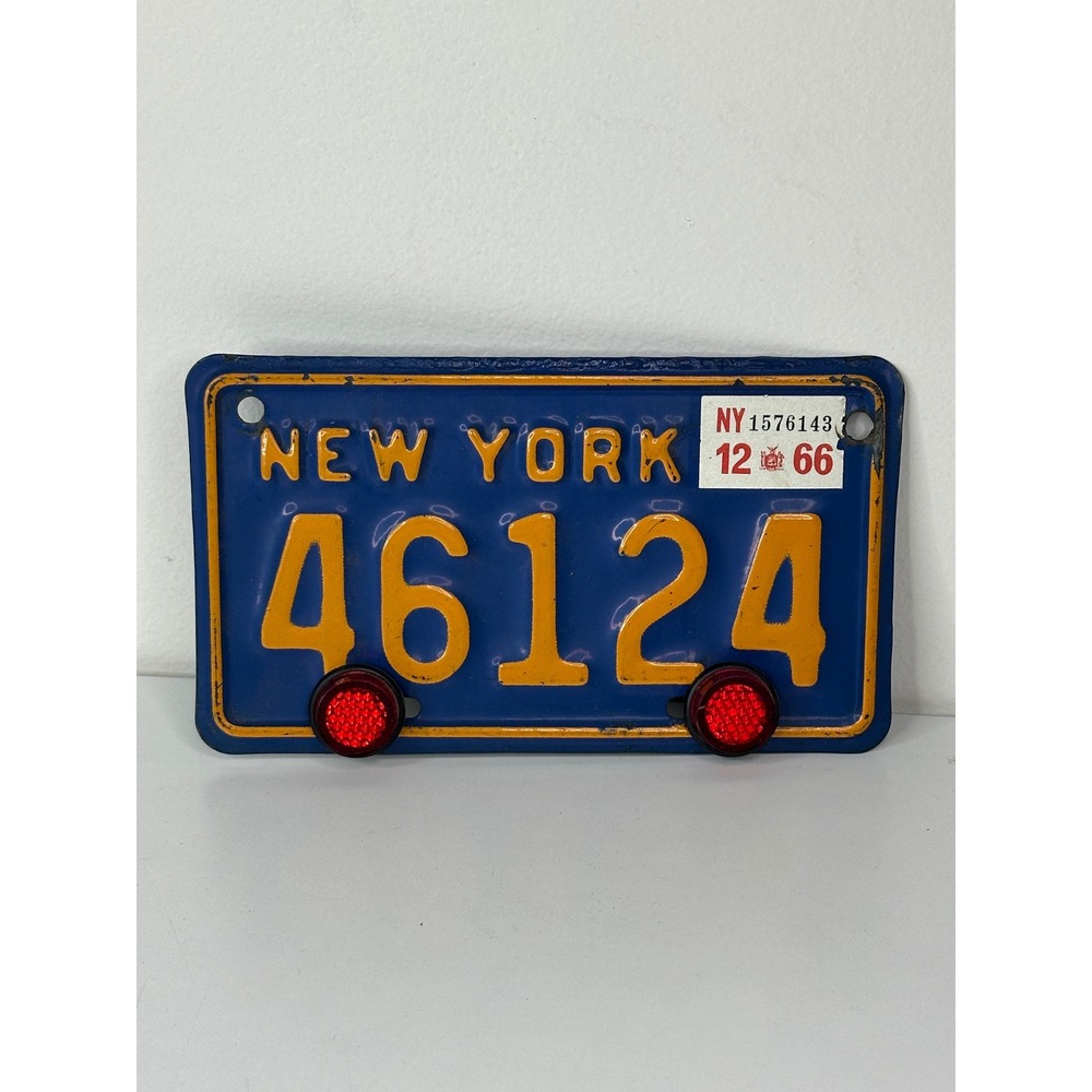 Vintage 1966 New York Motorcycle License Plate Blue Orange with Reflectors